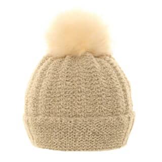 A1233-Ladies chunky knit bobble hat with soft lining Wholesale ladies knitted bobble hat featuring soft lining in cream