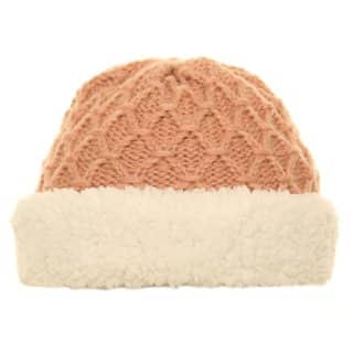 A1298-Ladies cable knit hat with fleece turn up Wholesale knit hat with fleece turn up in light pink
