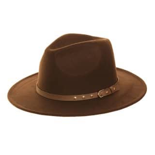 Wholesale trilby developed from brown felt and featuring a stud belt band