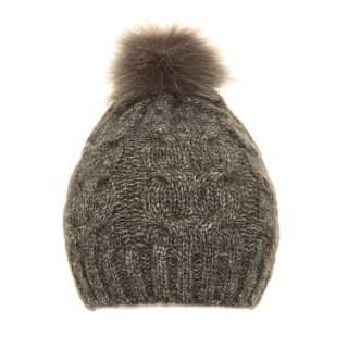 A1360-Ladies cable knit with faux fur pom pom Wholesale navy ladies cable knitted with faux fur pom pom