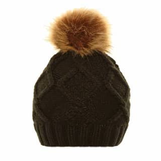 A1372-Ladies cable knitted bobble hat with faux fur pom pom Bulk ladies cable navy knitted bobble hat with faux fur pom pom