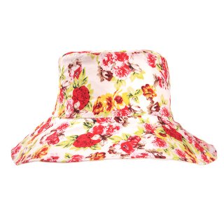 A1406-Ladies wide brim floral sun hat Wholesale ladies wide brim summer hat with red and yellow floral design