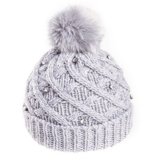 Grey wholesale faux diamonte hat with faux fur pom pom