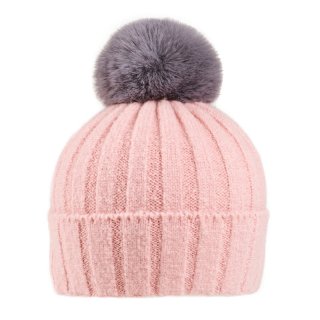 A1523-Ladies super soft faux fur pom pom Wholesale ladies acrylic super soft pink faux fur bobble hat with pom pom