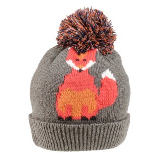 Wholesale ladies fox print knitted bobble hat in grey