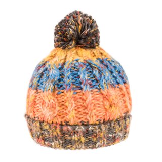 A1558-Adults chunky bobble hat with fleece lining Wholesale adults chunky bobble hat with fleece lining and multi striped patterning