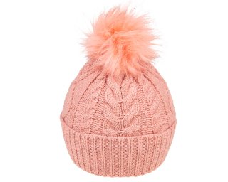 A1669- LADIES KNITTED PATTERN BOBBLE HAT WITH FAUX FUR POM