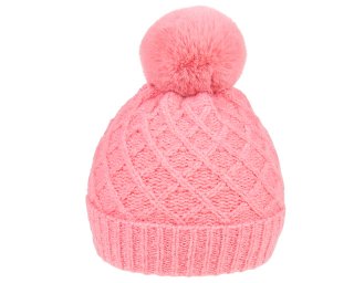 A1674- LADIES KNITTED BOBBLE HAT WITH FAUX FUR POM POM