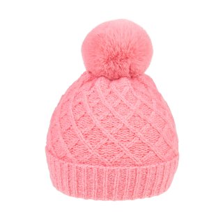 A1674- LADIES KNITTED BOBBLE HAT WITH FAUX FUR POM POM