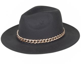 A1715  PK OF 6- BK- BLACK LADIES FELT FEDORA WITH CHAIN BAND