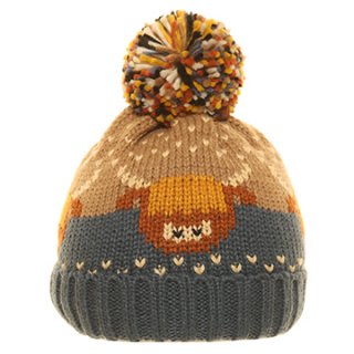 A2048- LADIES HIGHLAND COW PRINT KNITTED BOBBLE HAT