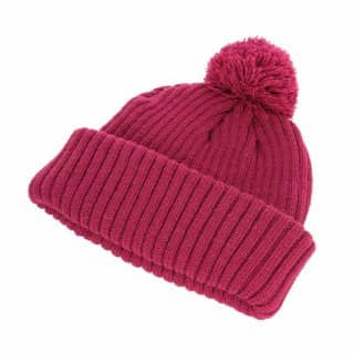 Bulk chunky knit ski hat featuring a pom pom and in a pink colour scheme