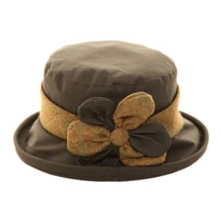 AE19OL-LADIES OLIVE WAX HAT WITH TWEED/FLOWER TRIM