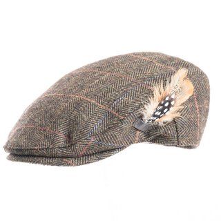 AE44 - Mens tweed flat cap with feather trim on side Wholesale grey mens tweed flat cap with feather trim