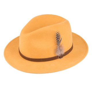 AE64-Ladies wool felt fedora with feather trim Wholesale ladies wool felt fedora with feather trim in yellow