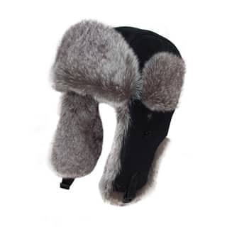 AW 106 - Black leather look trapper with grey fur trim Wholesale black leather look trapper with grey fur trim