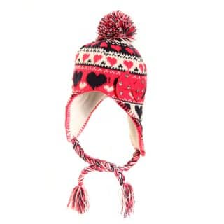 C415 - GIRLS KNITTED PERU HAT WITH HEARTS PATTERN & BOW TRIM