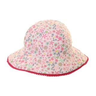 C546-Girls flowered print cotton wide brim Wholesale wide brim cotton hat with pink flowered pattern for girls