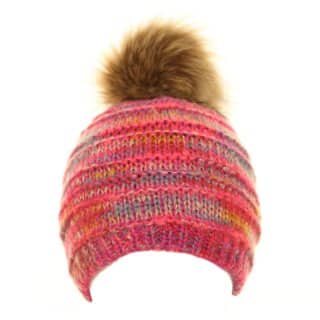 C548-Girls coloured bobble hat with faux fur pompom Bulk bobble hat for girls with pink colour scheme and faux fur pompom