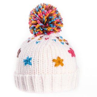 C600-Girls bobble hat with crochet flowers Wholesale girls bobble hat with crochet flowers