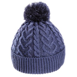 C601-Girls bobble hat with heart pattern Wholesale girls bobble hat in blue featuring a heart pattern