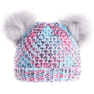 C603-Girls double pom-pom hat Wholesale girls double pom-pom hat in grey and multi coloured design