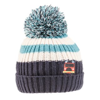 C632-Boys tractor and fire engine logo knitted bobble hat Wholesale boys tractor and fire engine logo knitted bobble hat in blue and white
