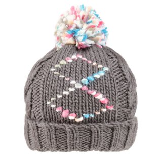 Wholesale girls grey chunky diamond print knitted bobble hat