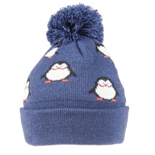 C639-Kids unisex penguin print knitted bobble hat Wholesale kids unisex penguin designed knitted bobble hat in blue