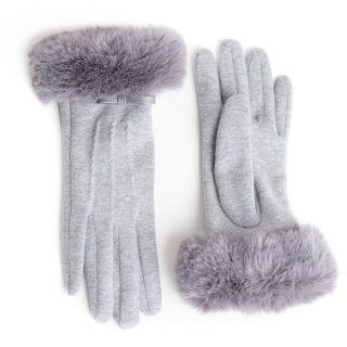 GL1240-Ladies gloves with bow/fur trim Wholesale ladies light grey gloves with bow and fur trim