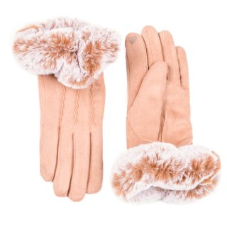 GL1247-Ladies super soft gloves with large faux fur cuffs Wholesale ladies super soft gloves in camel and large faux fur cuffs