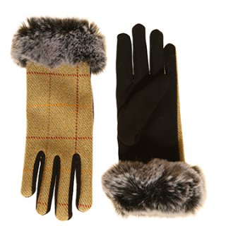 GL1304- PK OF 6 TEFLON COATING TWEED GLOVES WITH FUR TRIM