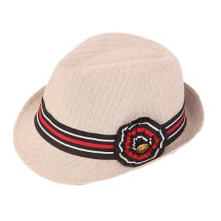 H77-Beige pinstripe trilby with stripy band Wholesale beige pinstripe trilby with stripy band