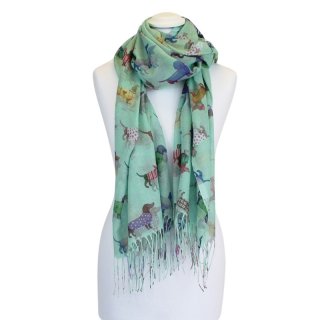 LS154 - PK12 LADIES BLUE/GREEN SAUSAGE DOG PRINT SCARF