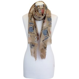 LS174 -PK12 LADIES BEIGE/MINT CATS PRINTS SCARF