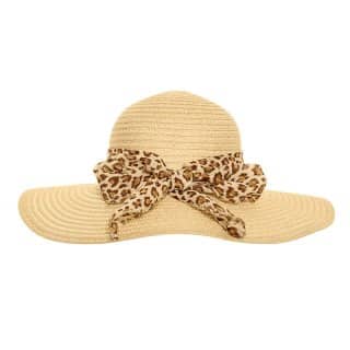 S246-Womens straw wide brim hat with animal print scarf