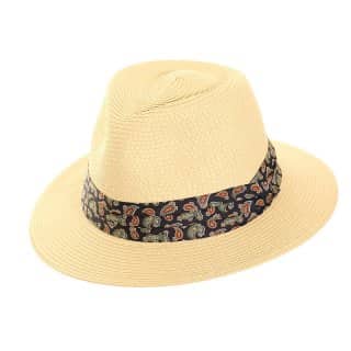 Wholesale mens straw fedora with blue paisley print