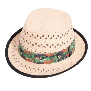 S268-Adults unisex straw trilby with tucan band Wholesale adults unisex straw trilby with tucan band and black rim
