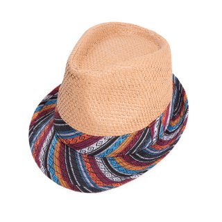 Wholesale mens beige straw trilby with aztec print