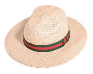 S296-Mens straw fedora with stripe band S296 - MENS STRAW FEDORA WITH NAVY PATTERN BAND
