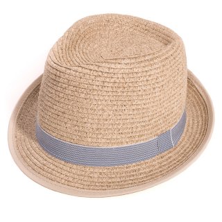 S299-Adults unisex trilby with stripe band Wholesale adults unisex tan trilby with blue stripe band