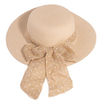 S312-Ladies straw wide brim hat with spot band with bow Bulk ladies beige straw wide brim hat with spot band and bow