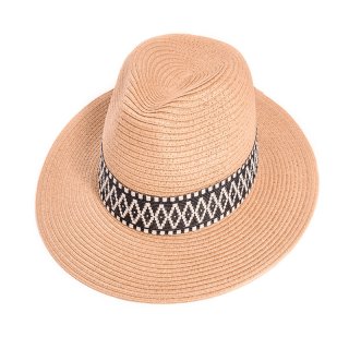 S322-Ladies straw fedora hat with aztec print band Wholesale ladies beige straw fedora hat with aztec print band