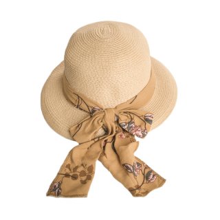 S339-Ladies Straw hat with floral scarf band Bulk brown straw hat for ladies with floral scarf band