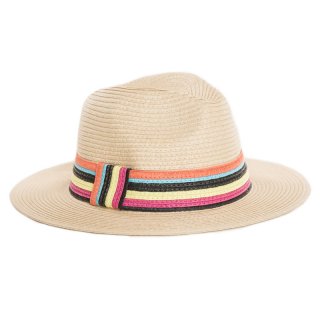 S345-Ladies fedora straw hat with coloured stripe band Wholesale ladies fedora straw hat with coloured stripe band