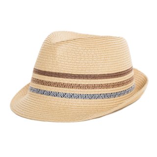 S353-Mens straw trilby with three stripe band Wholesale mens straw trilby with three striped band in beige