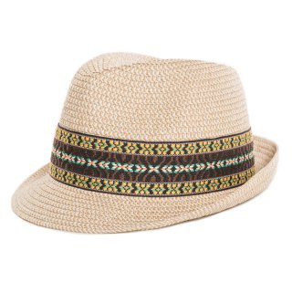 S354-Adults unisex straw trilby with pattern band Unisex bulk straw trilby with brown pattern band