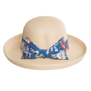 S355-Ladies straw hat with floral band/turn up brim Bulk straw hats featuring blue floral band and turn up brim