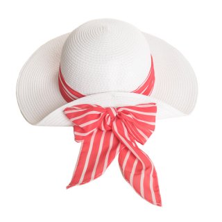 Wholesale ladies white straw hat with red and white stripe scarf band