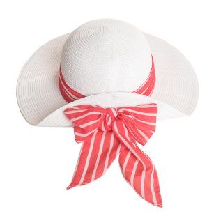 S361-Ladies straw hat with stripe scarf band Wholesale ladies white straw hat with red and white stripe scarf band